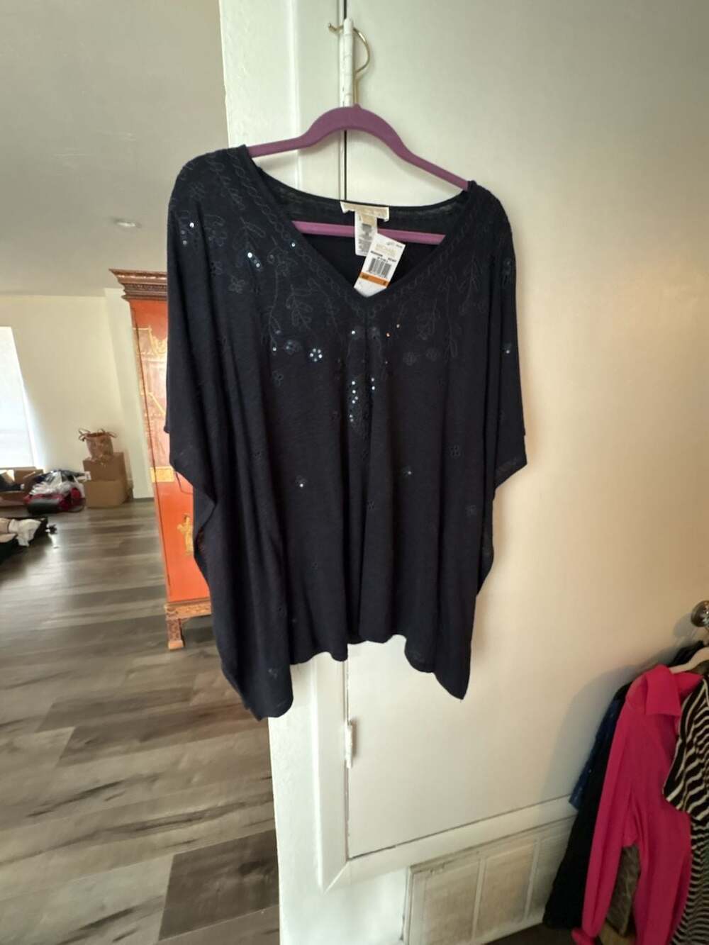 Michael Kors New Navy Embroidered Sequin V-Neck Linen Blend Caftan Top